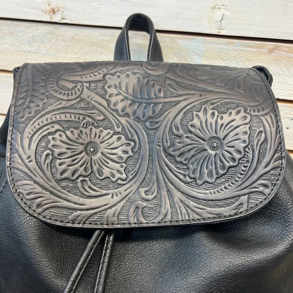 Wrangler Genuine Cowhide Tooled Floral Backpack Black Western Cowgirl Book Bag